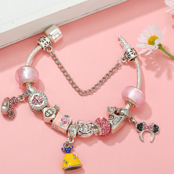 Tegneserie-tema Pink Charms Armbånd, Passer til Pandora, Kvindernes DIY Smykker-lille klokke（17 cm/6,7 tommer）