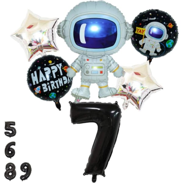 Rymdballonger Födelsedag 7 år Set - Astronautballong, yttre rymdballonger, Nummer 7 Ballong Svart, 7-årsdekorationstillbehör Stjärnfolie Stor