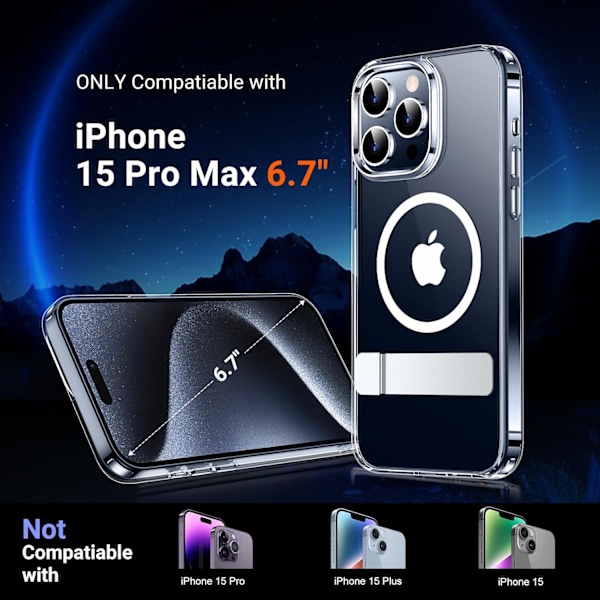Magneettinen iPhone 16 Pro Max -kotelo, [Sisäänrakennettu näkymätön jalusta][Yhteensopiva MagSafe-tekniikan kanssa] [Sotilastason iskunkestävä] Ohut läpikuultava Clear-Stand iPhone 15 Pro Max