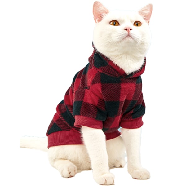 Rutiga hundtröja med huva, husdjurströja i fleece med hatt och ficka för valpkläder, varm och mjuk, svart-röd, stor