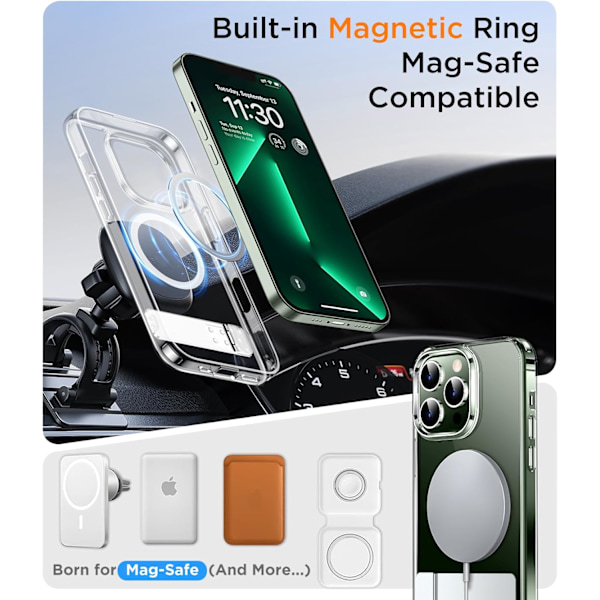 Magneettinen iPhone 16 Pro Max -kotelo, [Sisäänrakennettu näkymätön jalusta][Yhteensopiva MagSafe-tekniikan kanssa] [Sotilastason iskunkestävä] Ohut läpikuultava Clear-Stand iPhone 13 Pro Max