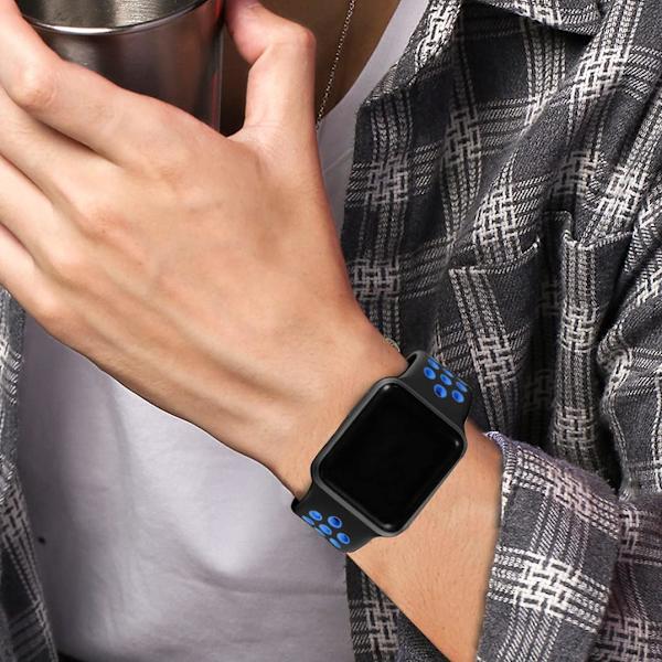 Kompatibel med Apple Watch-armband för män och kvinnor, andningsbart sportarmband i silikon för storlek: 42/44/45/49 mm/svart och blått