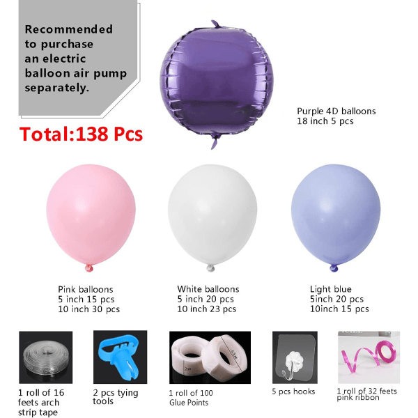 Gör-det-själv-ballonggirlander & bågesats, 138 st rosa & lila & blå & vita latexballonger set för bröllopsfödelsedag baby shower party dekorationer