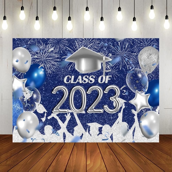 Klasse 2023 Fest Bakgrunn Royal Blue og Sølv Gratulerer Grad Graduering Caps Bakgrunn Feiring Graduering Prom Fest Dekor Banner 7x5ft