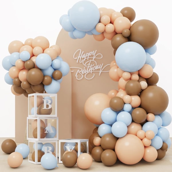 156 st bruna blå ballongbågskit och babyshower vita genomskinliga blocklådor med bokstäver för babyshower födelsedagsfestdekorationer