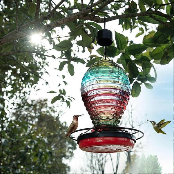 Kolibri-foderbræt i glas, regnbuefarvede kolibri-foderbrætter til udendørs ophængning, 858 ml, sød spiralformet flaske