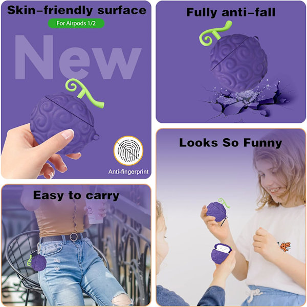 AirPod 2/1 Fodral Trendig Design Cover för Söt Cartoon 3D Kawaii Kul Mjuk Designer Mode Cool Unik Vacker för Flickor Pojkar Tonåring Girly Lila Frukt