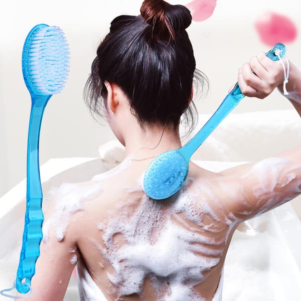 Blue long-handled brush for massage rubbing back shower