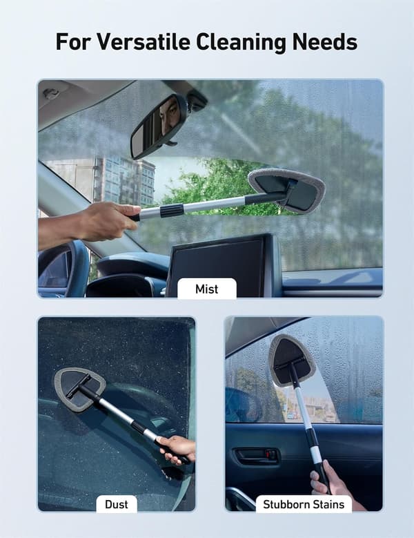 Windshield Cleaning Tool, Car Interior Detailing Cleaning Kit with Extendable Handle and 4 Reusable Microfiber Pads, Gray Grey