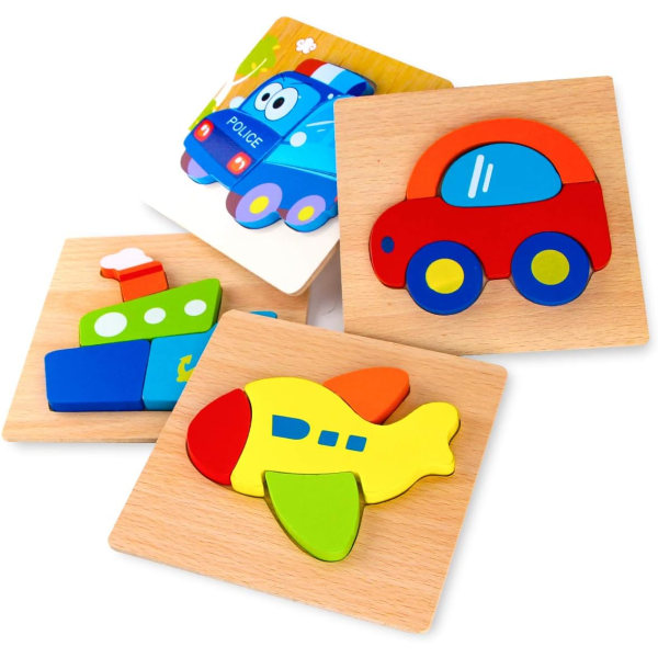 Träfordonspussel, pedagogiska leksaker för pojkar och flickor gåva med 4 fordonsmönster, ljusa livfulla färgformer