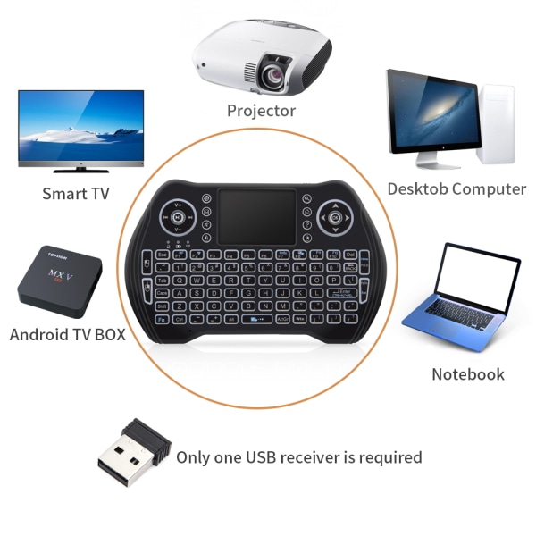 Mini-langaton näppäimistö, 2,4 GHz:n langaton mininäppäimistön ohjain, yhteensopiva Android TV Box -taustavalon kuiva virta