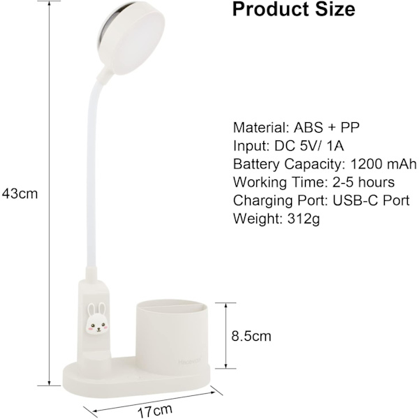 LED-työpöytälamppu, 2000mAh Latautuva Akku Oppimiseen, Lasten Työpöytä, USB 3 Kirkkautta, Tähtiprojektori ja Kynäteline White