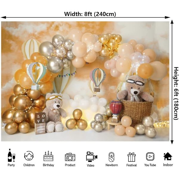 8x6ft Baby Første Fødselsdag Baggrund Guld Balloner Bjørn 1. Fødselsdagsfest Kage Smash Baggrunde til Fødselsdagsfest Dekorationer Baggrund Shoot Banner