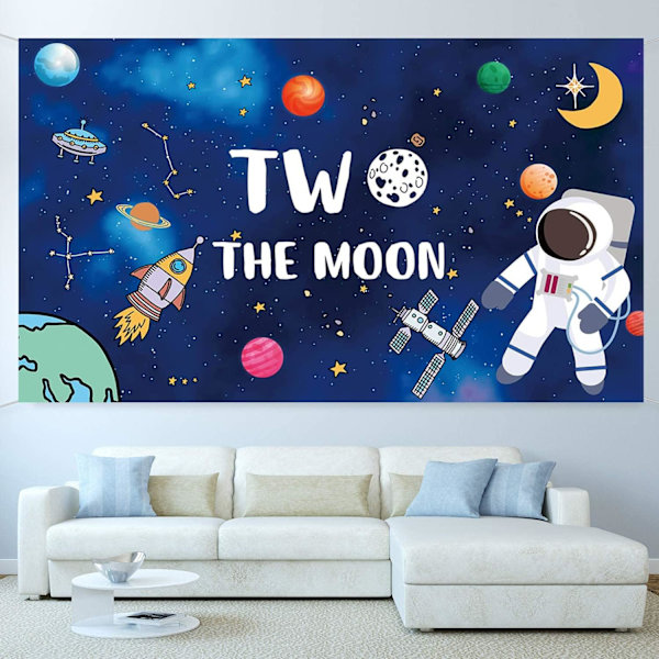 Två till månen födelsedagsbakgrund yttre rymdraket astronaut tema födelsedagsbakgrund pojke 2:a födelsedagsfest dekoration banner tillbehör