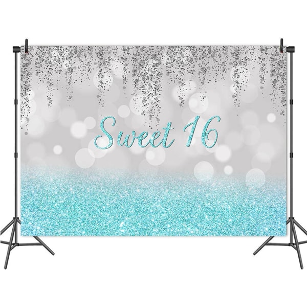 Teal Sølv 16-årsdag Dekorasjoner for Glitter Diamanter Søt 16-årsdag Bakgrunn Festartikler Bursdagsskilt Dekor Kakebord Banner