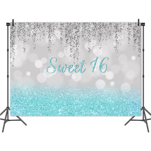 Teal Sølv 16. Fødselsdag Dekorationer til Glitter Diamanter Sød 16 Fødselsdag Baggrund Festartikler Fødselsdagsskilte Dekoration Kagebord Banner