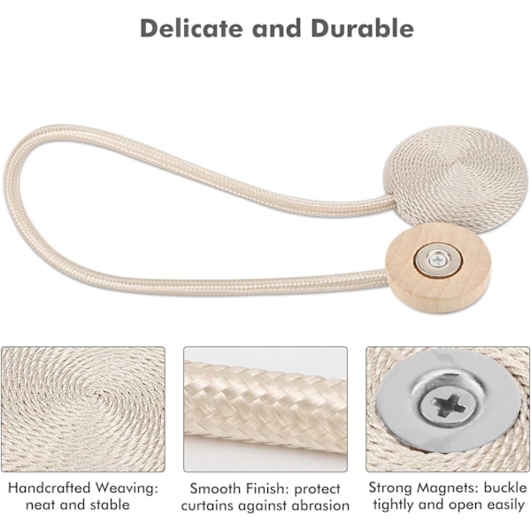 4 stk. Macaron-formede gardinholdere, magnetiske gardinholdere, dekorative håndvevde med sterk holdbar magnetisme, beige