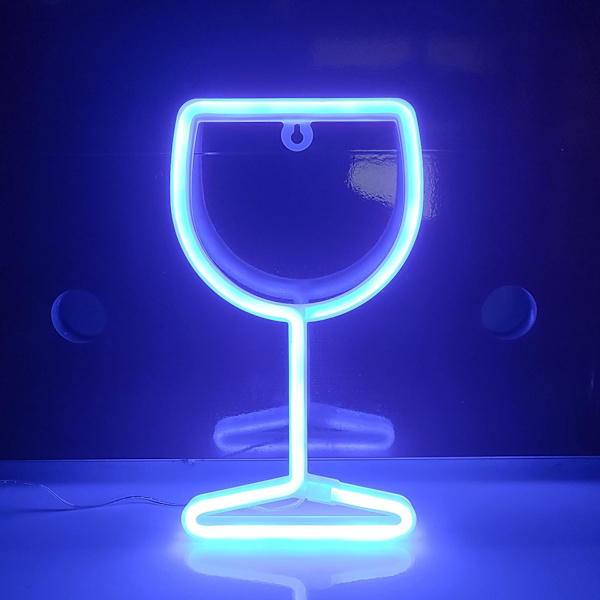 Vinglas Neon Skilte, USB eller 3-AA Batteridrevet Neon Lys, LED Lys Borddekoration, Piger Soveværelse Vægindretning, Børnefødselsdagsgave (Blå)
