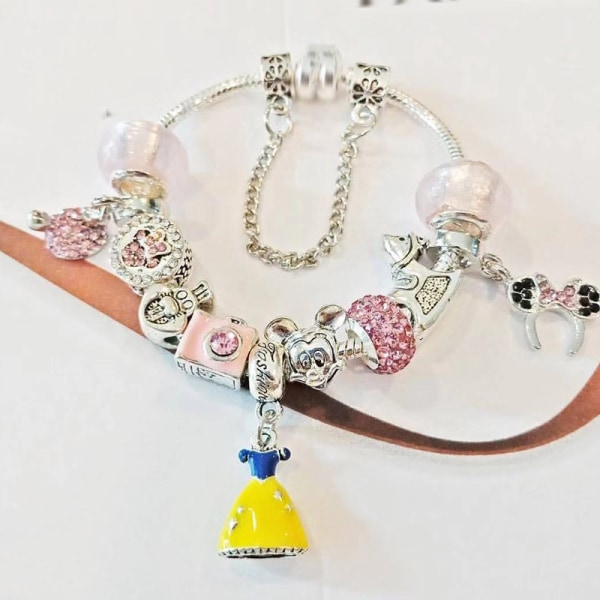 Tecknat tema rosa charmsarmband, passar Pandora, DIY-smycken för kvinnor - liten klocka (16 cm/6,3 tum)