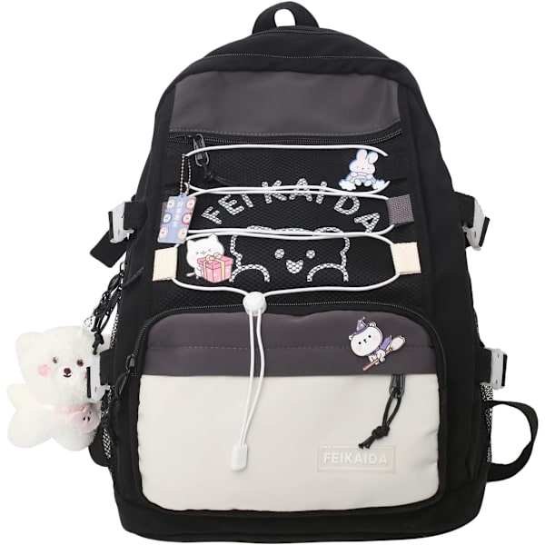 Japansk skolväska med söta Kawaii-ryggsäckar Estetisk ryggsäck Flickors ryggsäckar Åldrar 8-10＋(Svart)
