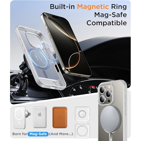 Magneettinen iPhone 16 Pro Max -kotelo, [Sisäänrakennettu näkymätön jalusta][Yhteensopiva MagSafe-tekniikan kanssa] [Sotilastason iskunkestävä] Ohut läpikuultava Silver for iPhone 16 Pro 6.3"