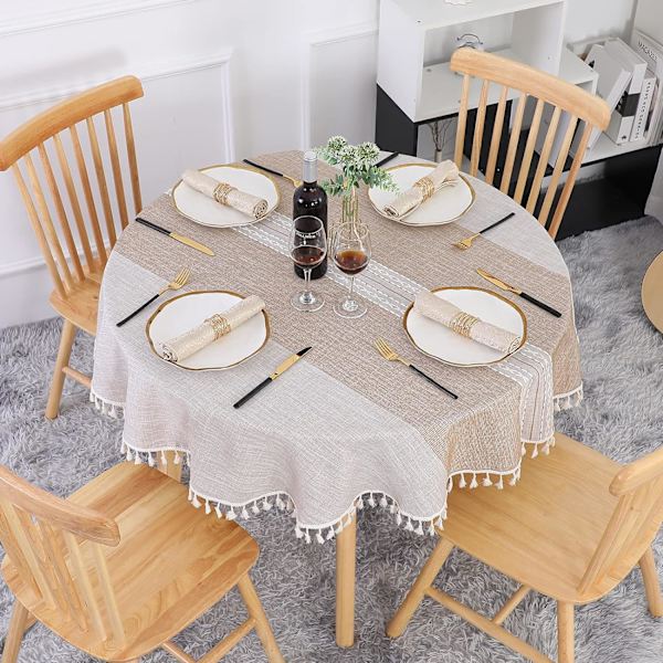 Rundt Bordduk 140cm Khaki Vaskbar Lin og Bomull Bordduk Flekkbestandig med Dusker, Stripe Broderi for Bursdag, Bryllup, Kaffebord