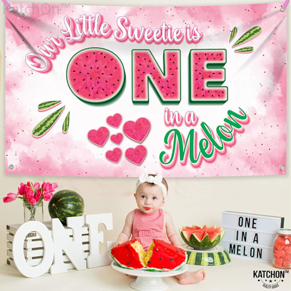 En i en melon-bakgrund - Stor, 72x44 tum | En i en melon-festdekorationer | En i en melon-banderoll för sommarvattenmelon födelsedagsdekorationer