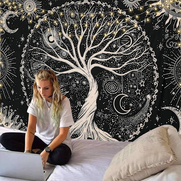 Livets Træ Gobelin Trippy Mandala Væg Gobelin Sol og Måne Gobeliner Sort Galakse Stjerner Gobelin Boheme Æstetisk(L/148X200cm(, Sort)