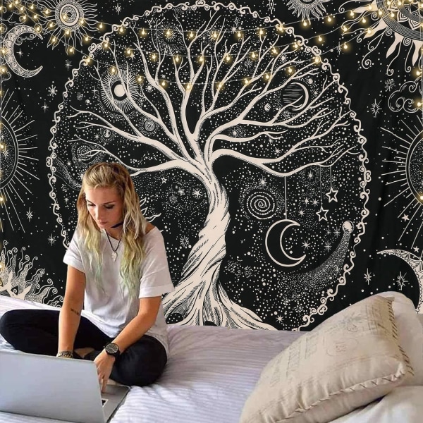 Livets tre tapet Trippy Mandala veggteppe Sol og måne tepper Svart galakse stjerner tapet Bohemian estetisk (L/148X200cm(, Svart)