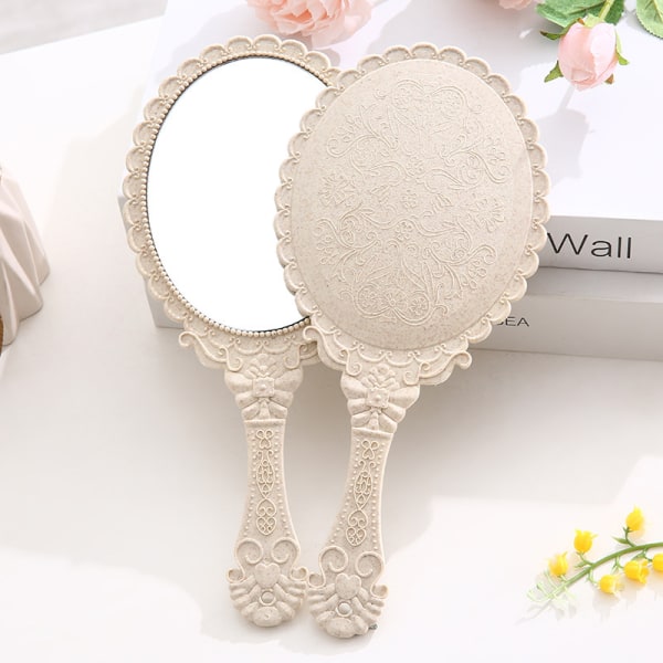 Retro patterned handle cosmetic mirror cosmetic mirror portable lace mirror hand-held mirror-Beige 1PCS