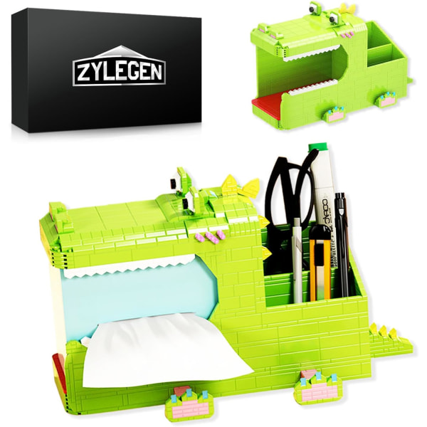 Crocodile Tissue Box Holder Building Toy Set,Pencil Holder Toy Pen Case Desk Organizer,DIY Craft Kit, Back to School Supplies Gift,Creative Toy Set