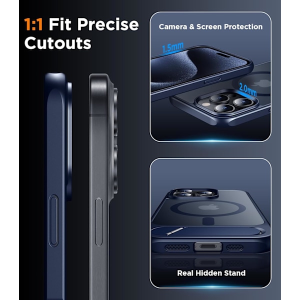 Magnetisk Kompatibel med iPhone 16 Pro Max Cover, [Indbygget Usynlig Støttefod][Kompatibel med MagSafe] [Militær Standard Stødsikker] Slankt Gennemsigtigt Blue iPhone 15 Pro Max