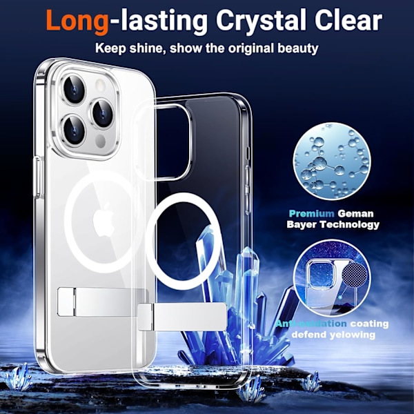 Magneettinen iPhone 16 Pro Max -kotelo, [Sisäänrakennettu näkymätön jalusta][Yhteensopiva MagSafe-tekniikan kanssa] [Sotilastason iskunkestävä] Ohut läpikuultava Clear-Stand iPhone 14 Pro