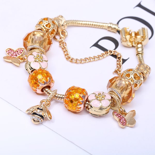Rosa berlocker armband med tecknat tema, passar till Pandora, dam DIY-smycken - bi (21 cm/8,2 tum)