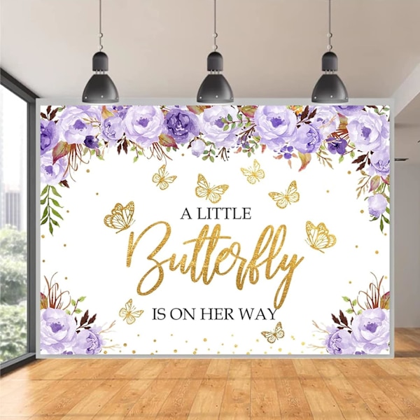 Baby Shower -tausta violetti kukkainen kultainen perhonen tytöt prinsessa valokuvaustausta kakkupöytäbanneri tyttö 1. syntymäpäiväjuhlan koriste 7x5ft