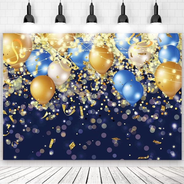 7x5ft Kongeblå Glitter Baggrund Blå Guld Balloner Fødselsdagsfest Dekoration Bryllup Prom Forlovelsesceremoni Dekorationer Banner