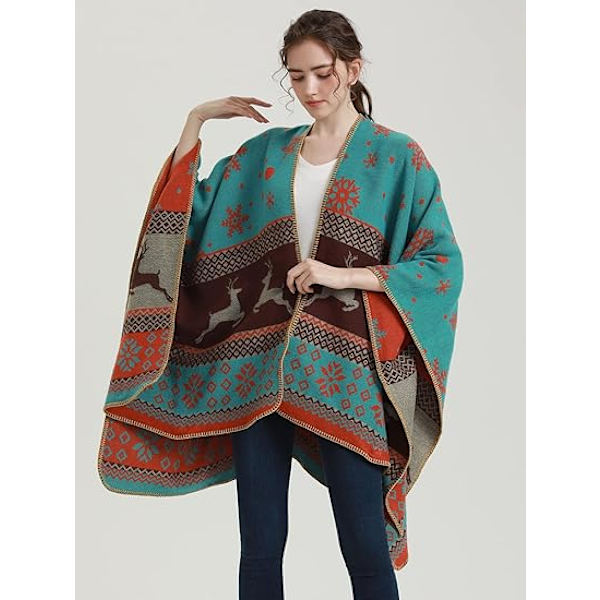 Dame Plaid Sweater Poncho Kappe Frakke Åben Front Tæppe Sjal og Wraps
