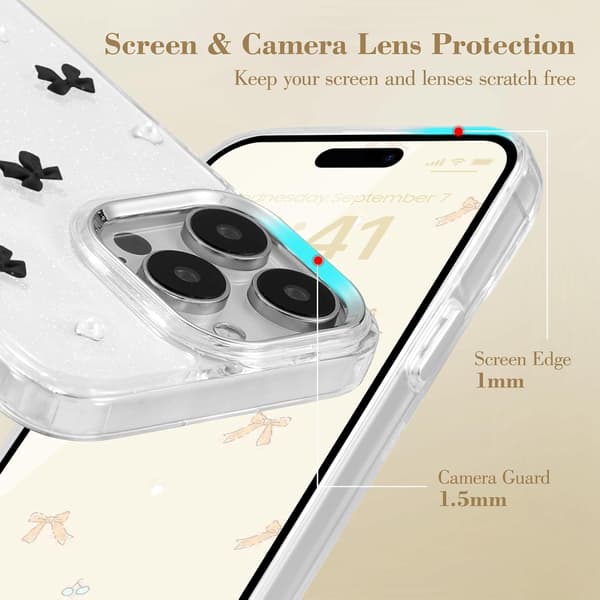 Case for iPhone 15 Pro, Bling Glitter 3D Bow Phone Case Cute Glittery Crystal Clear Bow Slim Soft Durable Protective Cover Black Black iPhone 15 Pro