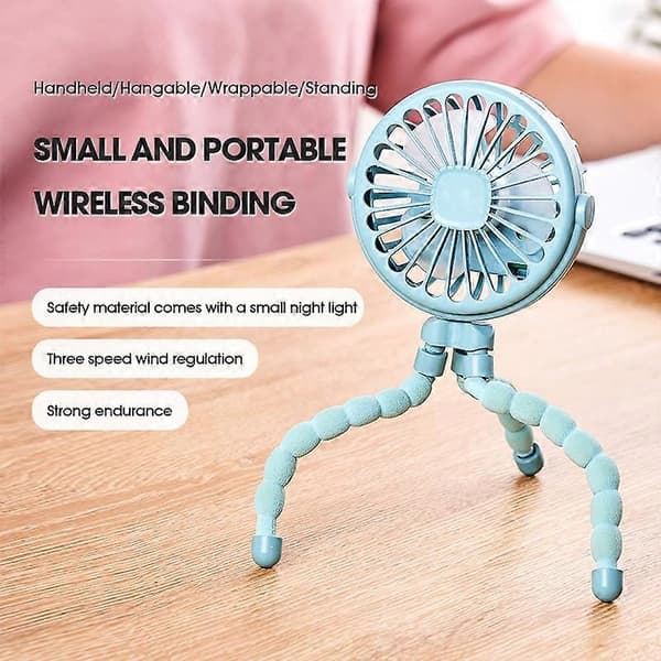 Portable Stroller Fan USB Rechargeable Mini Foldable 3 Speeds Adjustable Cooling Fan Blue