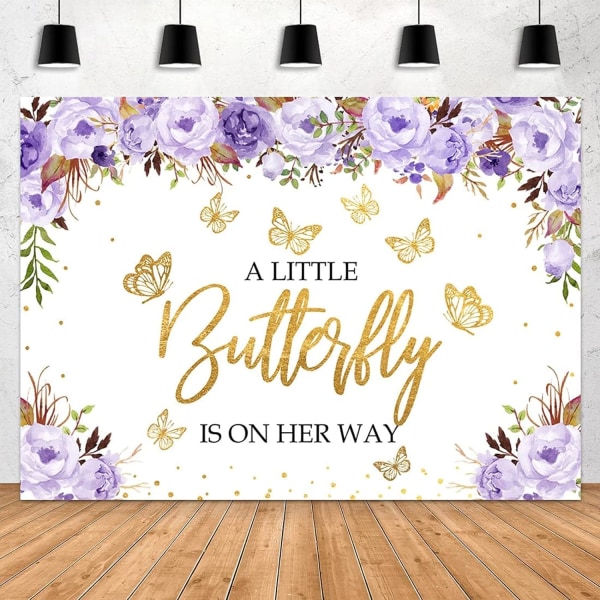 Baby Shower Baggrund Lilla Blomster Guld Sommerfugl Piger Prinsesse Fotografi Baggrund Kage Bord Banner Pige 1. Fødselsdagsfest Dekoration 7x5ft