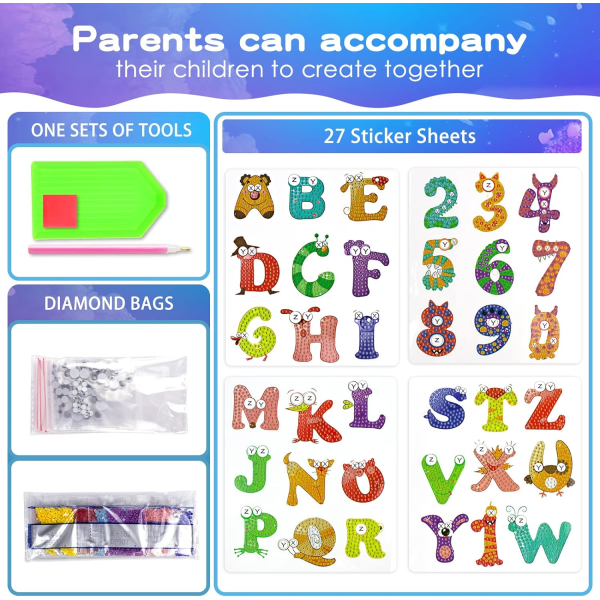 Diamond painting för barn36PCS Diamantkonst-alfabetsklistermärke med ädelstensverktyg, Konst och hantverk för barn i åldrarna 8-12, Bästa mosaikklistermärken present till gör-det-själv