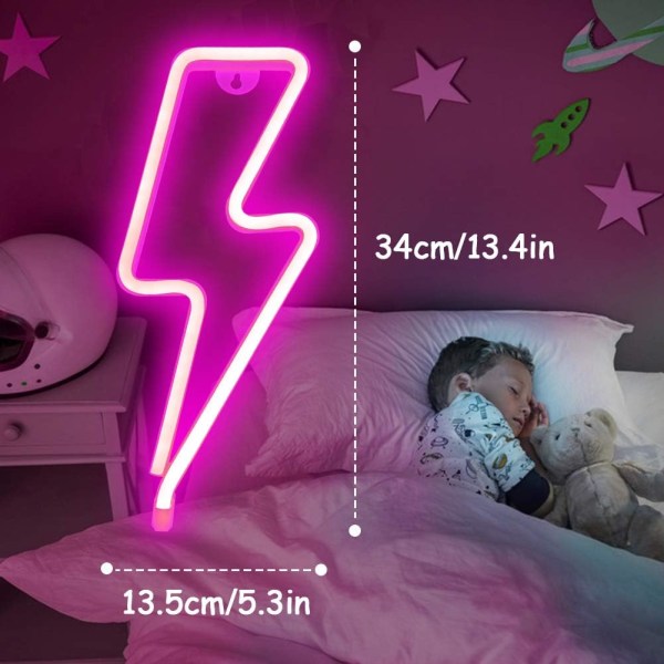 Neonlys for veggdekor, USB eller batteridrevet blå LED lynbolt neonskilt for soverom, barnerom, stue, bar, fest - rosa