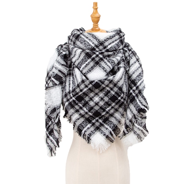 Mote-Vintervarm Stor Tartan Teppe Rutete Sjal SJ-04# Black and white 135x135x200cm