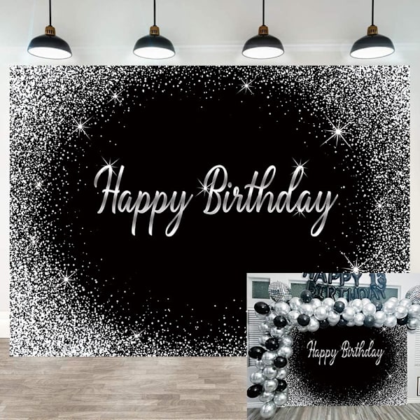 Fødselsdagsbakgrunn Svart og Glitter Sølv Voksen Fest Fotografi Bakgrunn Barn Menn Kvinner Gratulerer Med Dagen Fotodekorasjon Banner (7x5FT)