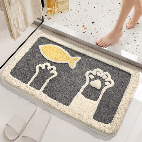 Tecknad badrumsgolvmatta för hushållsbruk, vattenabsorberande halkfri matta vid ingången till badrummet-Little Master-Cat (Grå)/45*65cm