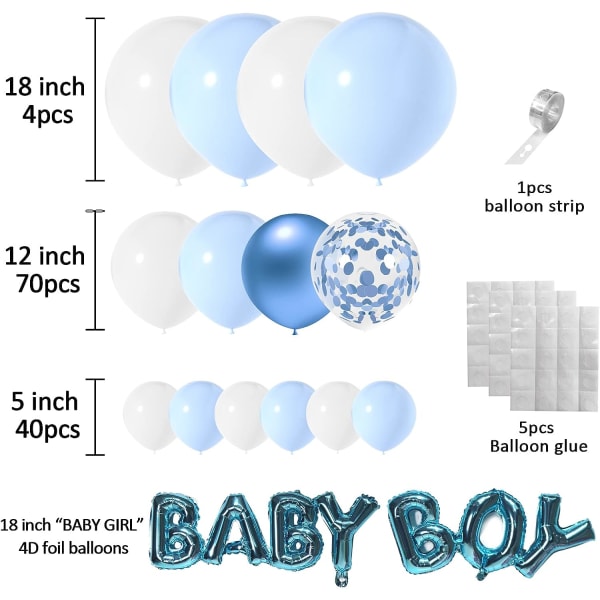 Blå og hvid ballonbue guirlande kit-121 PCS 5+12+18 tommer blå hvide baby dreng balloner til fest dekoration