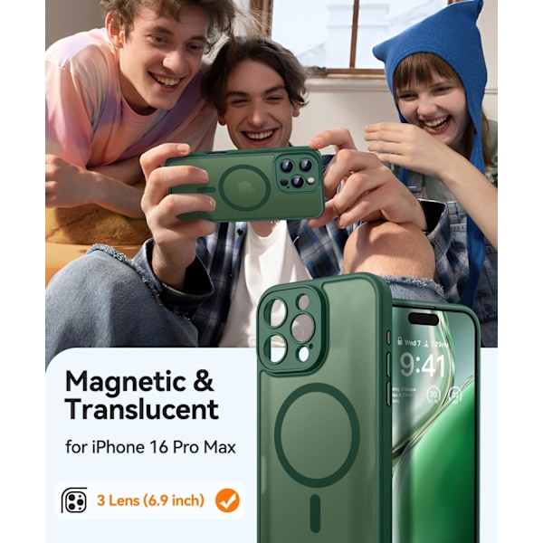 Magnetiskt skal för iPhone 16 Pro Max med fullständigt kameraskydd [Kompatibel med MagSafe] [Genomskinlig matt] Skyddande telefonfodral, Matt svart Deep Green iPhone 16 Pro Max