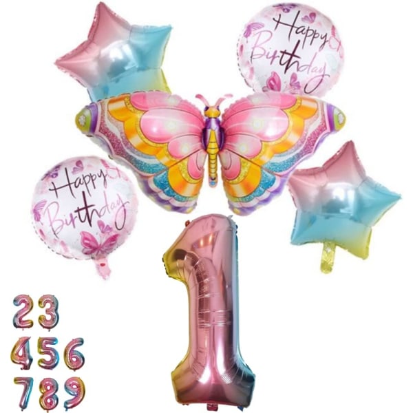 Butterfly Balloon Birthday Decoration 1 Year Set - Butterfly Party, Number 1 Balloon Pink Rainbow, Folieballong Djur Grattis på födelsedagen Dekorationer