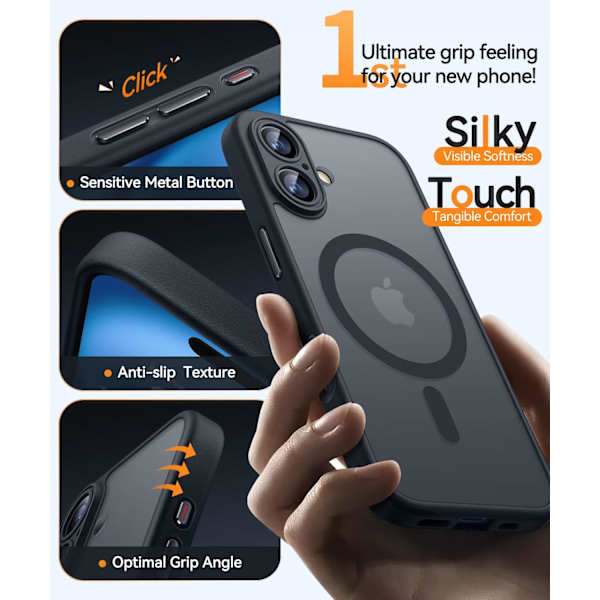 Magnetisk etui til iPhone 16 Pro Max med fuld kamerabeskyttelse [Kompatibel med Magsafe] [Gennemskinnelig mat] Beskyttende telefonetui, mat sort Black iPhone 16