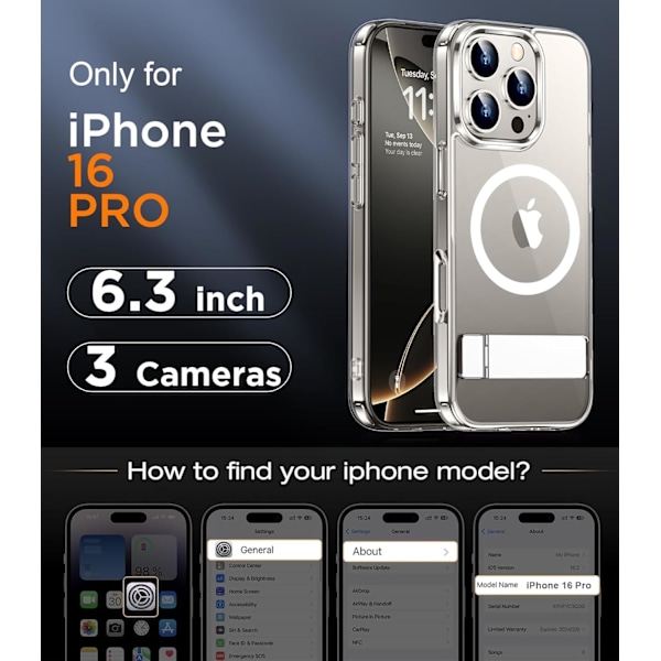 Magneettinen iPhone 16 Pro Max -kotelo, [Sisäänrakennettu näkymätön jalusta][Yhteensopiva MagSafe-tekniikan kanssa] [Sotilastason iskunkestävä] Ohut läpikuultava Clear-Stand for iPhone 16 Pro 6.3"